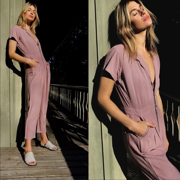 Free People Margot Button Up V Neck Relaxed Loose Fit Jumpsuit Overall - Picture 2 of 6